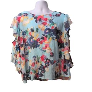 NWT Zac & Rachel women's aqua floral watercolor top flutter sleeves size 1X